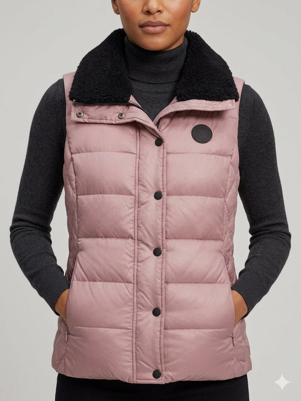 UGG Dusty Pink Quilted Down Puffer Vest with Black Sherpa Collar